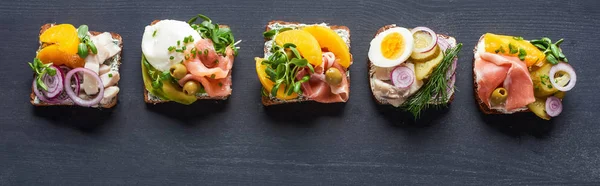 Panoramic Shot Delicious Danish Smorrebrod Sandwiches Grey — Stock Photo, Image