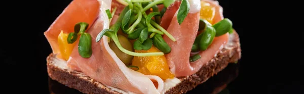 Panoramic Shot Ham Cooked Danish Smorrebrod Sandwich Black — Stock Photo, Image
