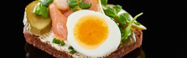Panoramic Shot Boiled Egg Danish Smorrebrod Black — Stock Photo, Image