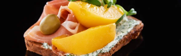 Panoramic Shot Ham Canned Peaches Cooked Danish Smorrebrod Sandwich Black — Stock Photo, Image