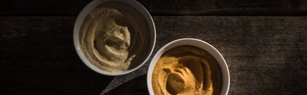 Top View Delicious Assorted Hummus Wooden Rustic Table Panoramic Shot — Stock Photo, Image