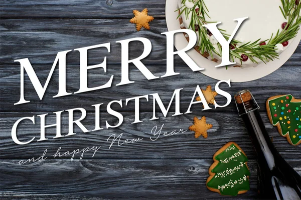 Bovenaanzicht Van Kerst Taart Fles Champagne Kerstboom Koekjes Donker Houten — Stockfoto