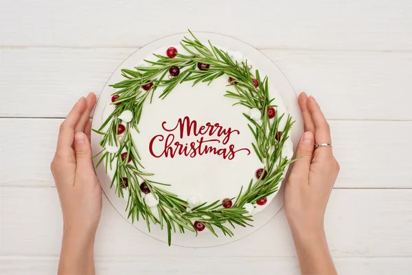 Cropped View Woman Holding Christmas Pie Merry Christmas Lettering Rosemary — ストック写真