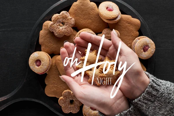 Partial View Woman Holding Snowflake Cookies Hands Holy Night Lettering — Stock Photo, Image