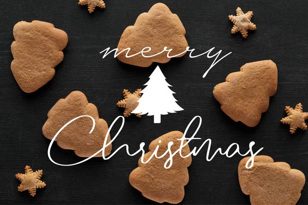 Top View Snowflake Christmas Tree Cookies Black Wooden Table Merry — Stock Photo, Image