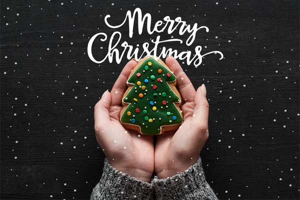 Cropped View Woman Holding Baked Christmas Tree Cookie Hands Merry — Stock Photo, Image