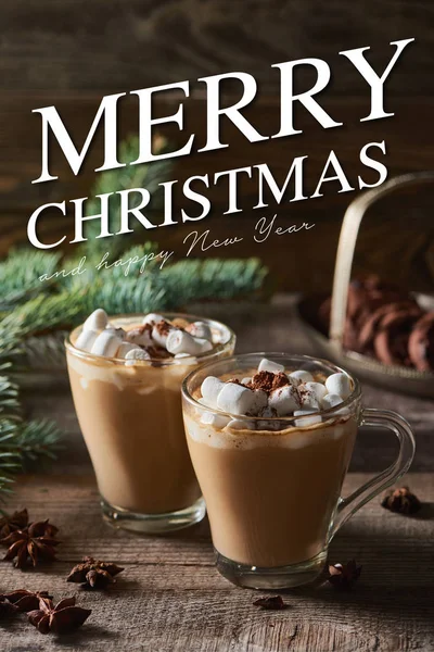 选用可可豆 棉花糖和可可豆粉放在松枝旁的杯子里 肉桂和茴香放在木桌上 圣诞快乐 新年快乐 — 图库照片