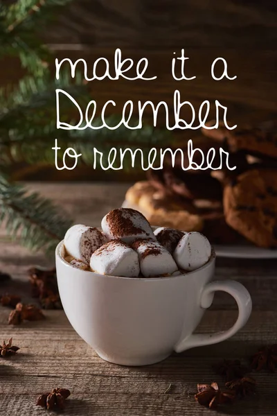 Selective Focus Christmas Cacao Marshmallow Wooden Table Make December Remember — Stock Photo, Image