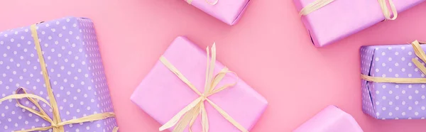 Панорамный Снимок Подарочных Коробок Бантами Изолированными Розовом — стоковое фото