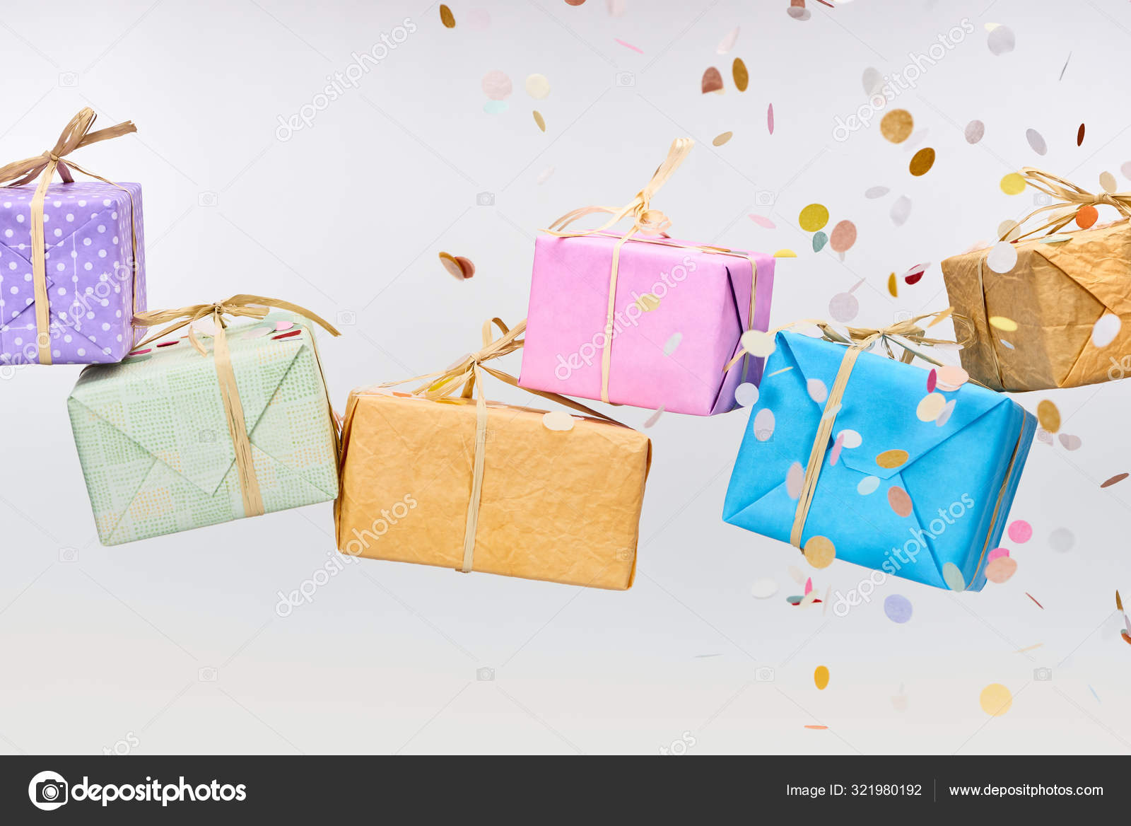 Falling Colorful Confetti Wrapped Presents White Stock Photo by