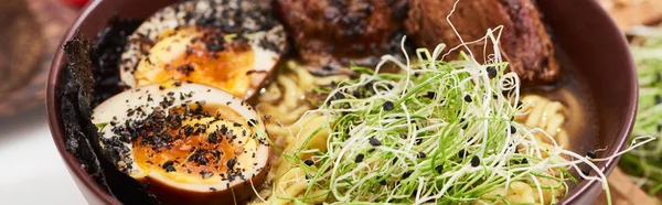 Close View Spicy Ramen Beef Egg Microgreen Bowl Panoramic Shot — Stock Photo, Image