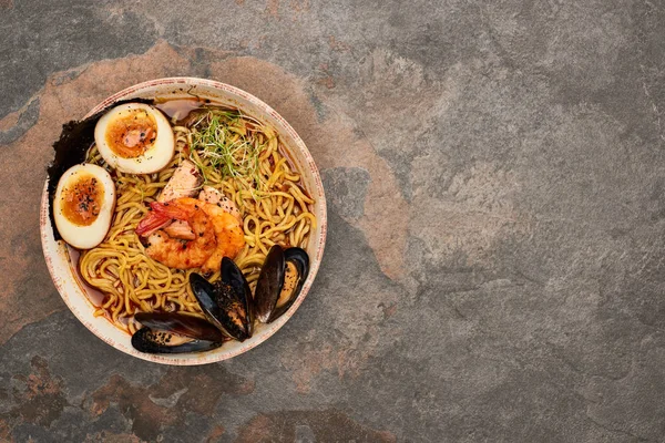 Top View Spicy Seafood Ramen Stone Surface — Stock Photo, Image