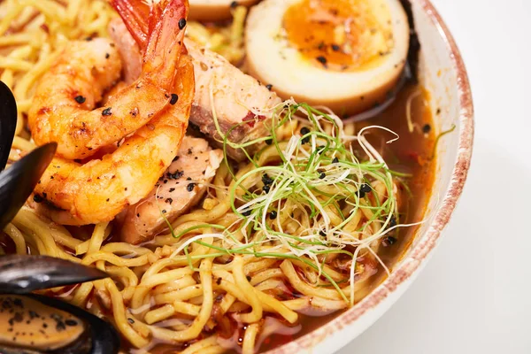 Close up view of spicy seafood ramen in bowl — Stock Image Close View Spicy Seafood Ramen Bowl Royalty Free Stock Images
