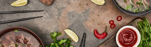 Top View Pho Bowls Chopsticks Lime Chili Soy Sauces Coriander — Stock Photo, Image