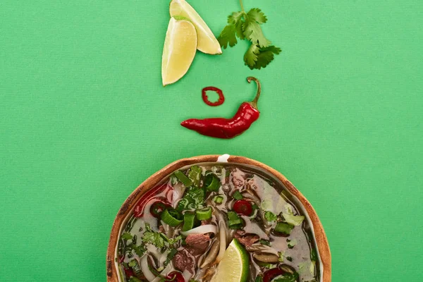 Top View Pho Bowl Lime Chili Coriander Green Background — Stock Photo, Image