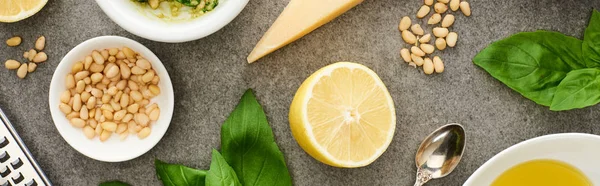 Top View Pesto Sauce Raw Ingredients Cooking Utensils Grey Surface — Stock Photo, Image