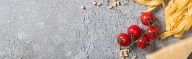 Domates, çam fıstığı, gri yüzeyde parmesan, panoramik çekim.