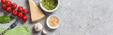 Gri yüzeyde domates, fesleğen, parmesan, çam fıstığı, sarımsak, pesto sosu, panoramik çekim