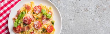 Üzerinde domates, fesleğen ve prosciutto olan pişmiş Pappardelle 'in gri yüzey üzerindeki ekose peçetesi, panoramik çekim