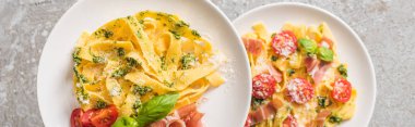 Gri yüzey üzerinde domatesli, fesleğenli ve prosciutto pişirilmiş Pappardelle 'in seçici odak noktası, panoramik çekim