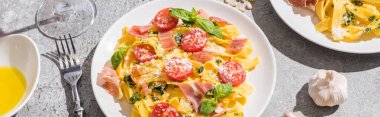 Gri yüzeydeki malzemelerin yanında domates, pesto ve prosciutto ile taze pappardelle, panoramik çekim