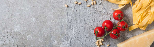 top view of raw Pappardelle near tomatoes, pine nuts, Parmesan on grey surface, panoramic shot