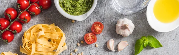 Top View Raw Pappardelle Tomatoes Garlic Basil Pine Nuts Olive — Stock Photo, Image