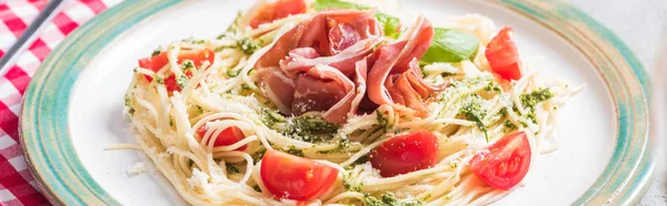 Pappardelle Tomatoes Basil Prosciutto Grey Surface Plaid Napkin Panoramic Shot — Stock Photo, Image