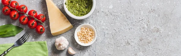 Vrchní Pohled Rajčata Bazalku Parmezán Borové Oříšky Česnek Pesto Omáčku — Stock fotografie