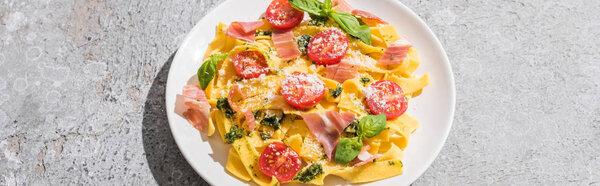 tasty Pappardelle with tomatoes, pesto and prosciutto on grey surface, panoramic shot