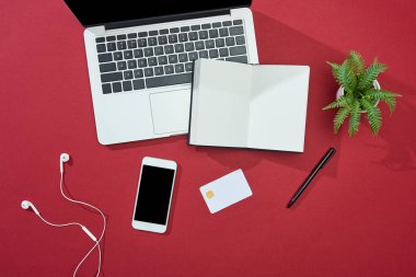 Akıllı telefon, dizüstü bilgisayar, kulaklık, defter ve bitki içeren kırmızı arkaplan üzerindeki en üst kredi kartı görüntüsü