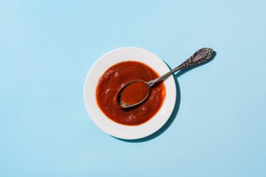 Mavi yüzeyde leziz domates sosunun en üst görüntüsü.