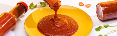 Panoramic shot of delicious ketchup on plate beside cilantro on white background clipart