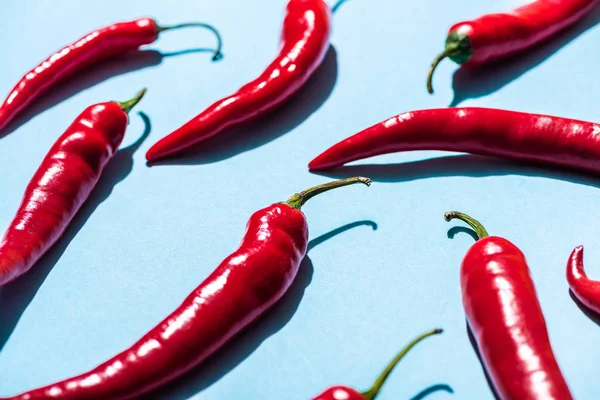 Würzige Chilischoten Mit Schatten Auf Blauem Hintergrund — Stockfoto