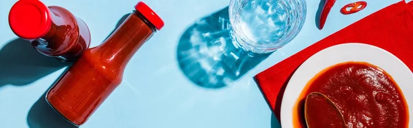 顶部的番茄酱在盘子和瓶子旁边的辣椒和蓝色表面的水 全景拍摄 — 图库照片