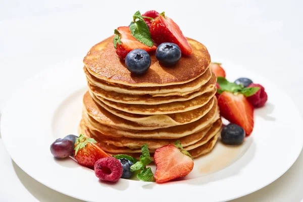 Delicious Pancakes Honey Blueberries Strawberries Plate White Surface — Stock Photo, Image