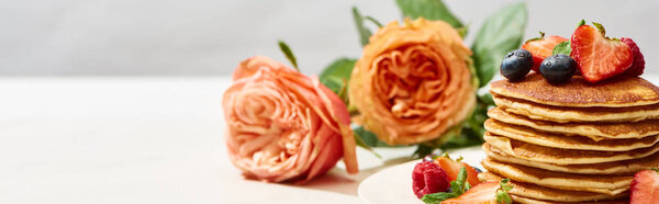 селективный фокус вкусных блинов с черникой и клубникой на тарелке рядом с цветами роз на белой поверхности, изолированных на серой, панорамный снимок
