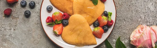 Top View Heart Shaped Pancakes Berries Grey Concrete Surface Rose — Stock Photo, Image