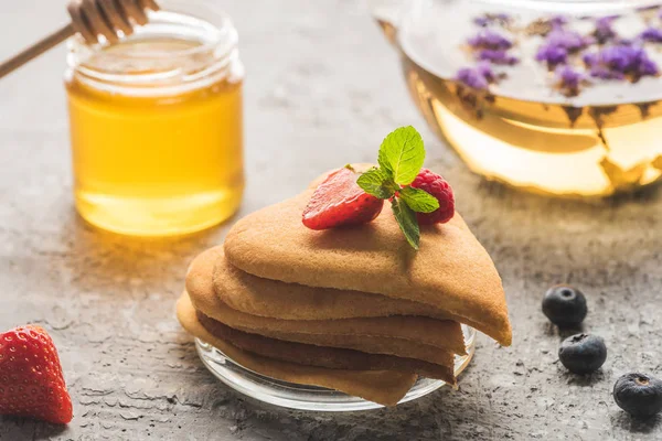 Selective Focus Delicious Heart Shaped Pancakes Berries Honey Herbal Tea — Stock Photo, Image