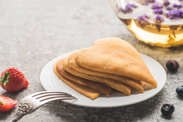 Delicious Heart Shaped Pancakes Berries Plate Fork Herbal Tea Grey — Stock Photo, Image