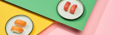 Taze somon ve ton balıklı taze nigiri sarı, pembe, yeşil arka plan, panoramik çekim
