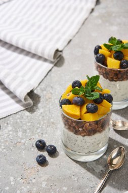 Kaşık ve peçete ile gri beton yüzey üzerinde konserve şeftali, yabanmersini ve chia tohumları ile taze granola seçici odak