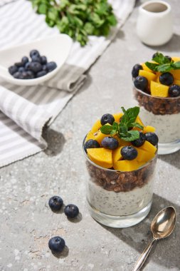 Kaşık ve peçete ile gri beton yüzey üzerinde konserve şeftali, yabanmersini ve chia tohumları ile taze granola seçici odak
