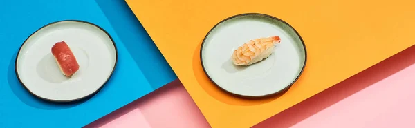 Fresh Nigiri Tuna Shrimp Blue Pink Orange Surface Panoramic Shot — Stock Photo, Image