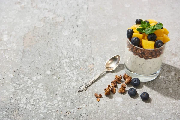 fresh granola with canned peach, blueberries and chia seeds on grey concrete surface with spoon