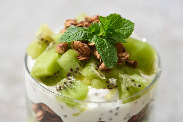 закрыть вид на свежую гранолу с киви и мятой
