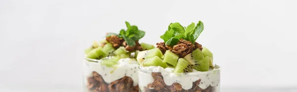 Selective Focus Fresh Granola Kiwi Yogurt Isolated Grey Panoramic Shot — Stockfoto