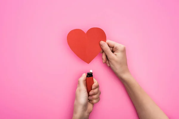 Cropped View Woman Lighting Empty Red Paper Heart Lighter Isolated — Stock Photo, Image