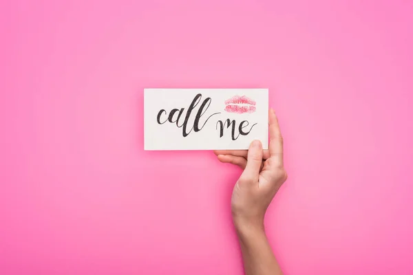 Cropped View Woman Holding Card Lip Print Call Lettering Isolated — Stock Photo, Image