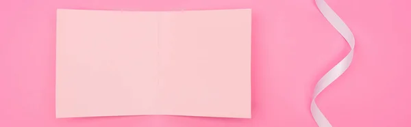 Top View Empty Paper Card Ribbon Isolated Pink Panoramic Shot — Stock Photo, Image